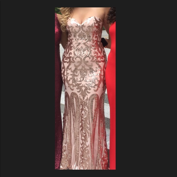 rebecca rose gold strapless sequin maxi dress